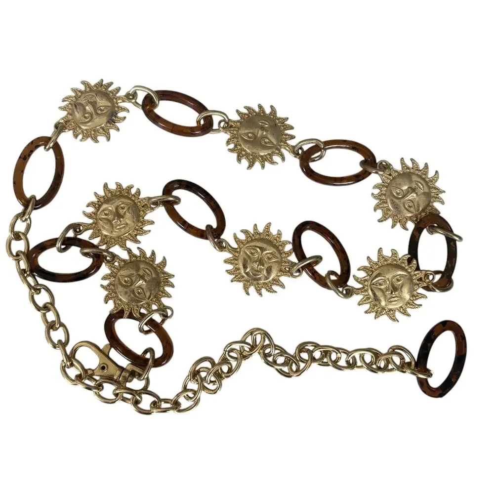 Vintage Sun Face Chain Belt Tortoise Lucite Gold Tone Celestial Boho Y2K Rave